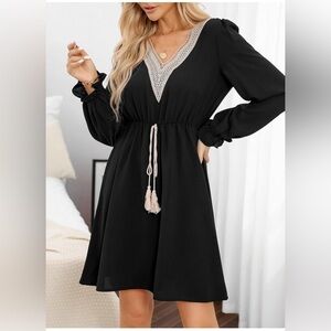 Dokotoo Womens V Neck Dresses Lantern Long Sleeve Lace Trim Midi Dress Tassel